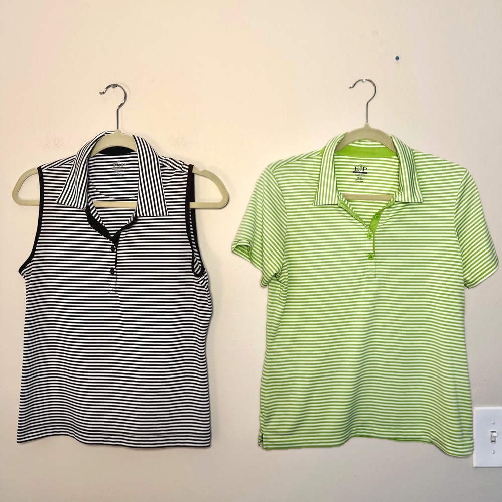 LOT OF 2 Women's EP PRO Tour Tech Golf Polo Green Black Stripes Tops SZ M